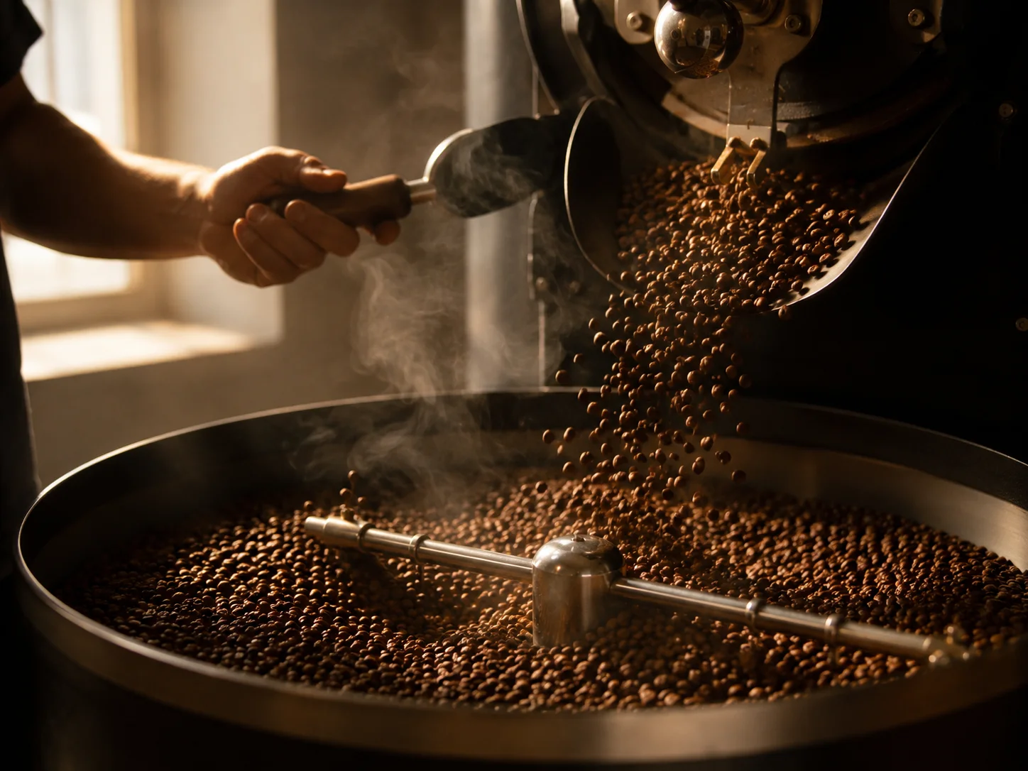Coffee beans roasting in warm light